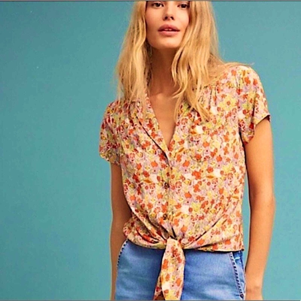Anthropologie Floral Tie-Front Short Sleeve Top in Pink and Orange